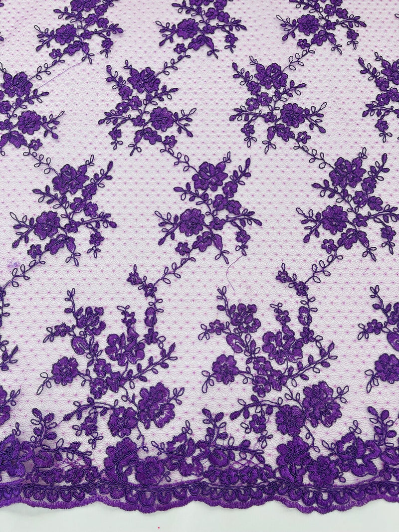 Embroidered Corded Lace Fabric - Purple - Cluster Fancy Flower Embroidered Lace Fabric By Yard