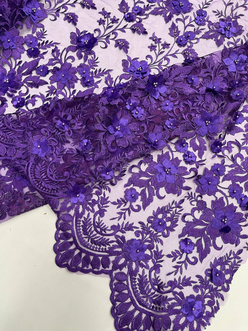 3D Scalloped Border Fabric - Purple - 3D Flowers Embroidered on Lace Sold By Yard