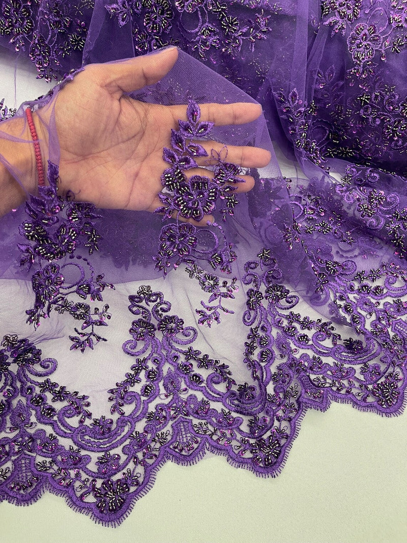 Beaded Floral Fabric - Purple - Embroidered Flower Cluster Beaded Fabric Sold By Yard