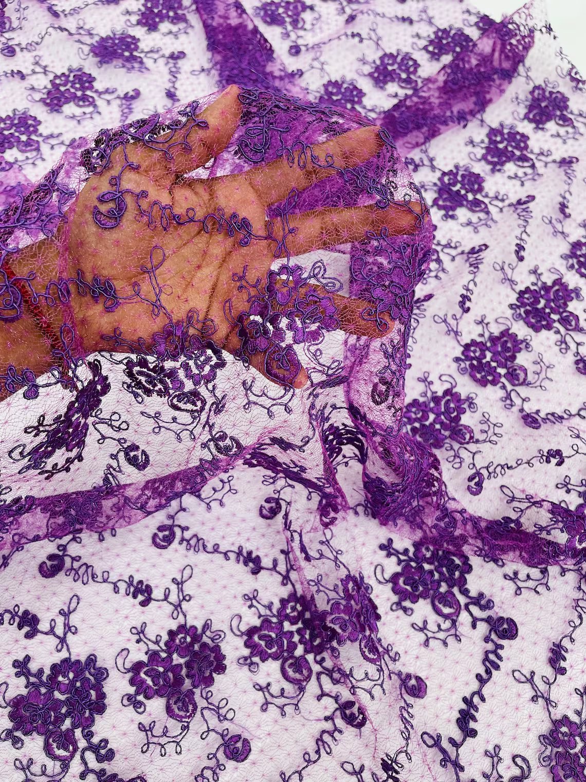 Embroidered Flower Fabric - Purple - Floral Design Scalloped Border Fabric By Yard
