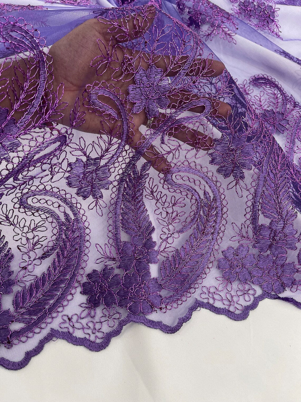 Metallic Corded Lace - Purple - Paisley Floral Fabric with Metallic Thread on a Mesh Lace By Yard