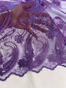 Metallic Corded Lace - Purple - Paisley Floral Fabric with Metallic Thread on a Mesh Lace By Yard