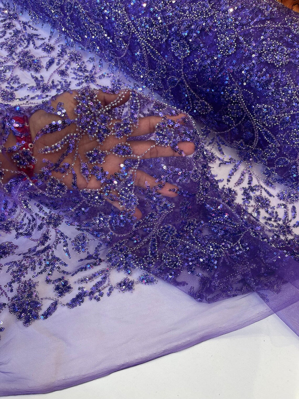 Beaded Floral Plant Design - Purple - Embroidered Beaded Flower Plants Sequins Fabric By Yard