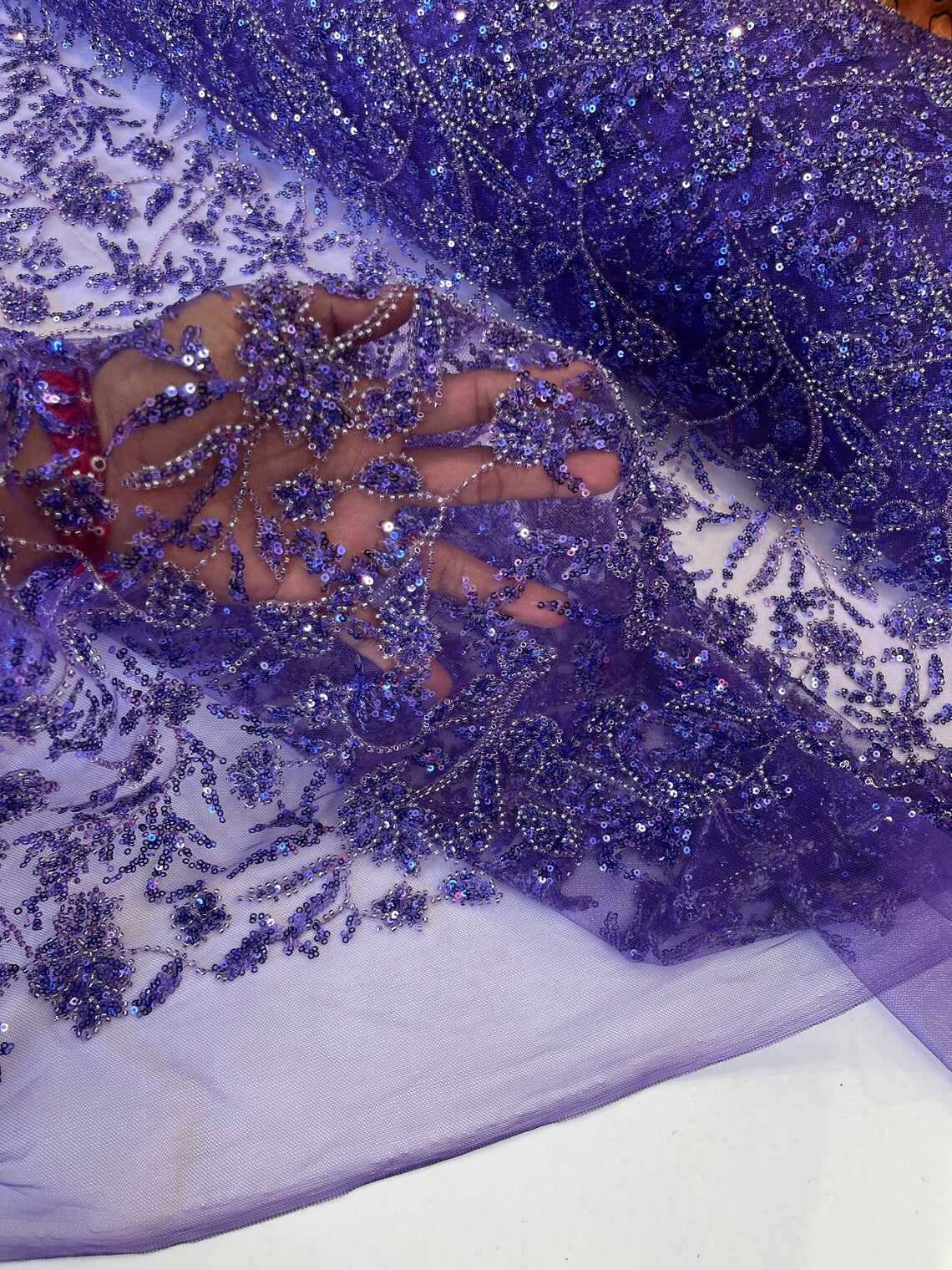 Beaded Floral Plant Design - Purple - Embroidered Beaded Flower Plants Sequins Fabric By Yard