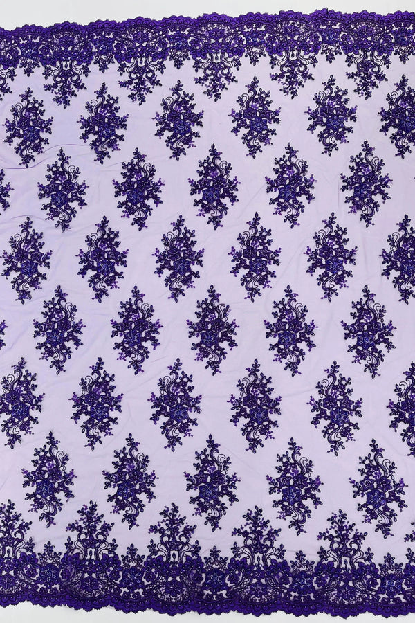 Floral Pearl Bead Fabric - Purple - Flower Design with Beads and Sequins Fabric Sold By Yard