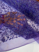 Beaded Floral Plant Design - Purple - Embroidered Beaded Flower Plants Sequins Fabric By Yard