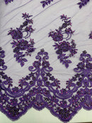 Beaded Floral Fabric - Purple - Embroidered Flower Cluster Beaded Fabric Sold By Yard