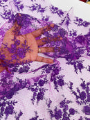 Embroidered Corded Lace Fabric - Purple - Cluster Fancy Flower Embroidered Lace Fabric By Yard