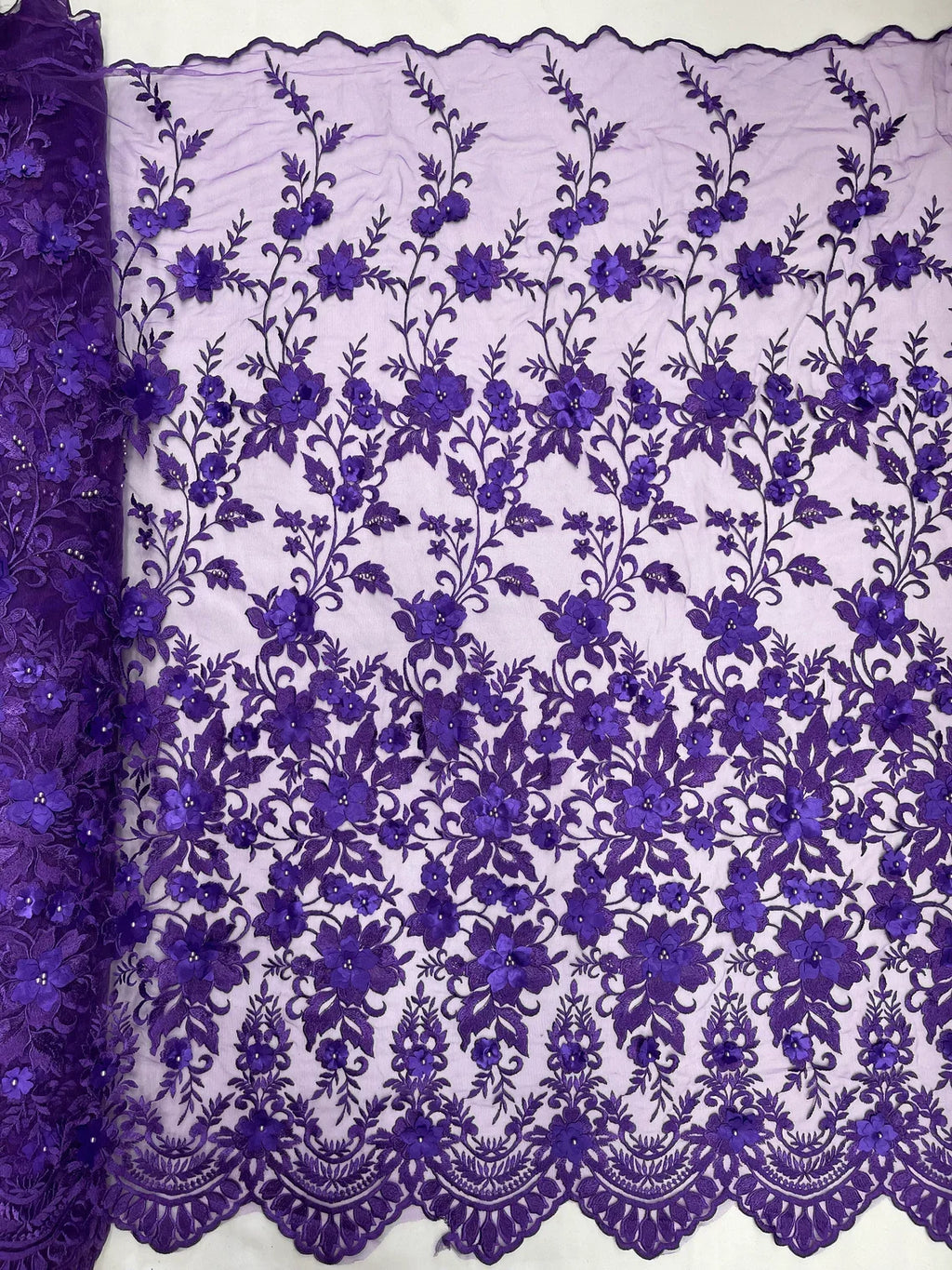 3D Scalloped Border Fabric - Purple - 3D Flowers Embroidered on Lace Sold By Yard