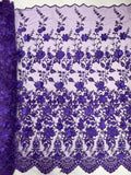 3D Scalloped Border Fabric - Purple - 3D Flowers Embroidered on Lace Sold By Yard