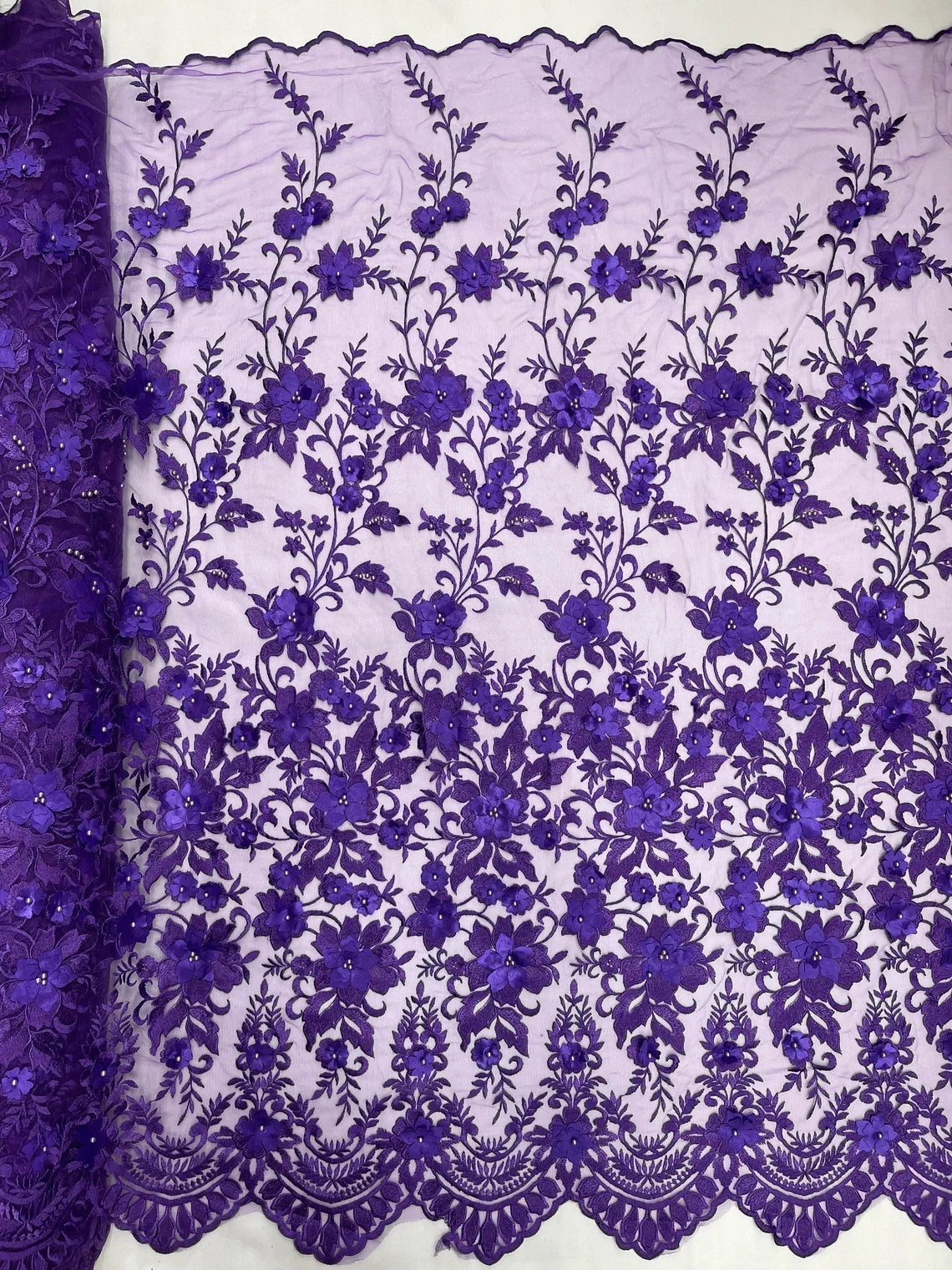 3D Scalloped Border Fabric - Purple - 3D Flowers Embroidered on Lace Sold By Yard