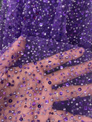 3D Beaded Mesh Fabric - Purple - Embroidered Beaded Lace Mesh Fabric with Small Sequins Sold By Yard