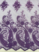 Metallic Corded Lace - Purple - Paisley Floral Fabric with Metallic Thread on a Mesh Lace By Yard