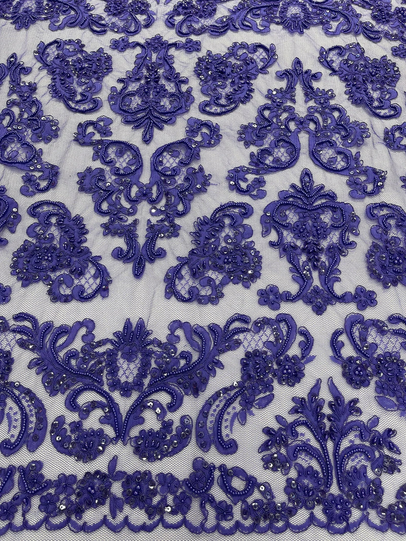 Beaded My Lady Damask Design - Purple - Beaded Fancy Damask Embroidered Fabric By Yard