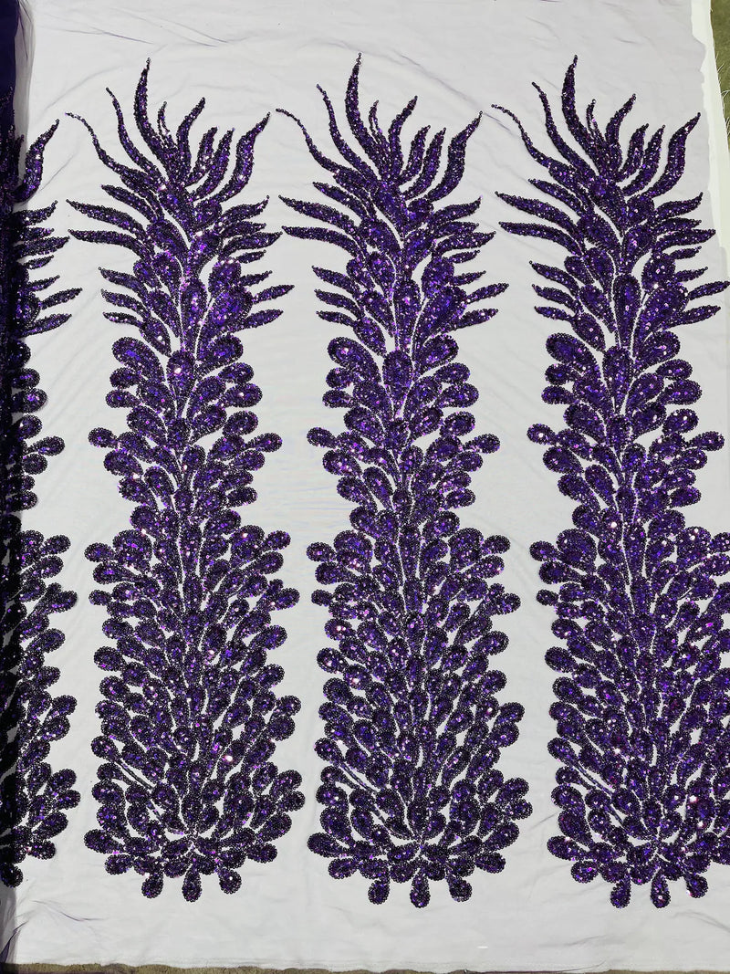 3D Beaded Peacock Feathers - Purple - Sequins Embroidered Beaded Vegas Design On a Mesh Lace Fabric (Choose The Panels)