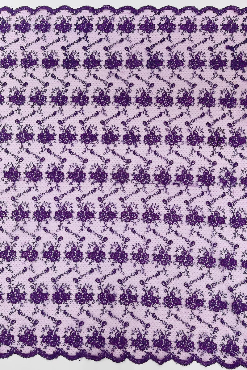 Embroidered Flower Fabric - Purple - Floral Design Scalloped Border Fabric By Yard