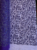 Beaded Floral Plant Design - Purple - Embroidered Beaded Flower Plants Sequins Fabric By Yard