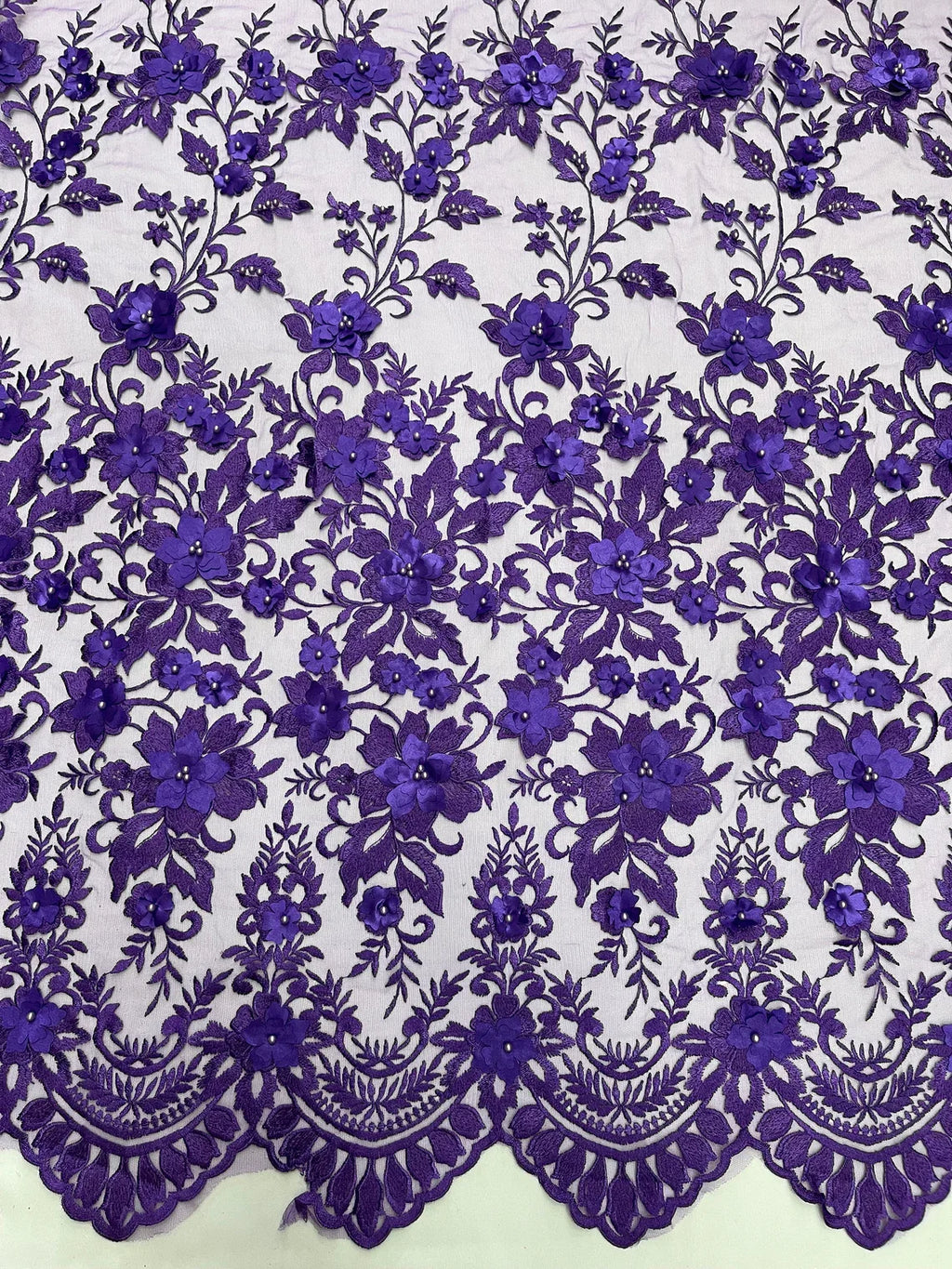 3D Scalloped Border Fabric - Purple - 3D Flowers Embroidered on Lace Sold By Yard