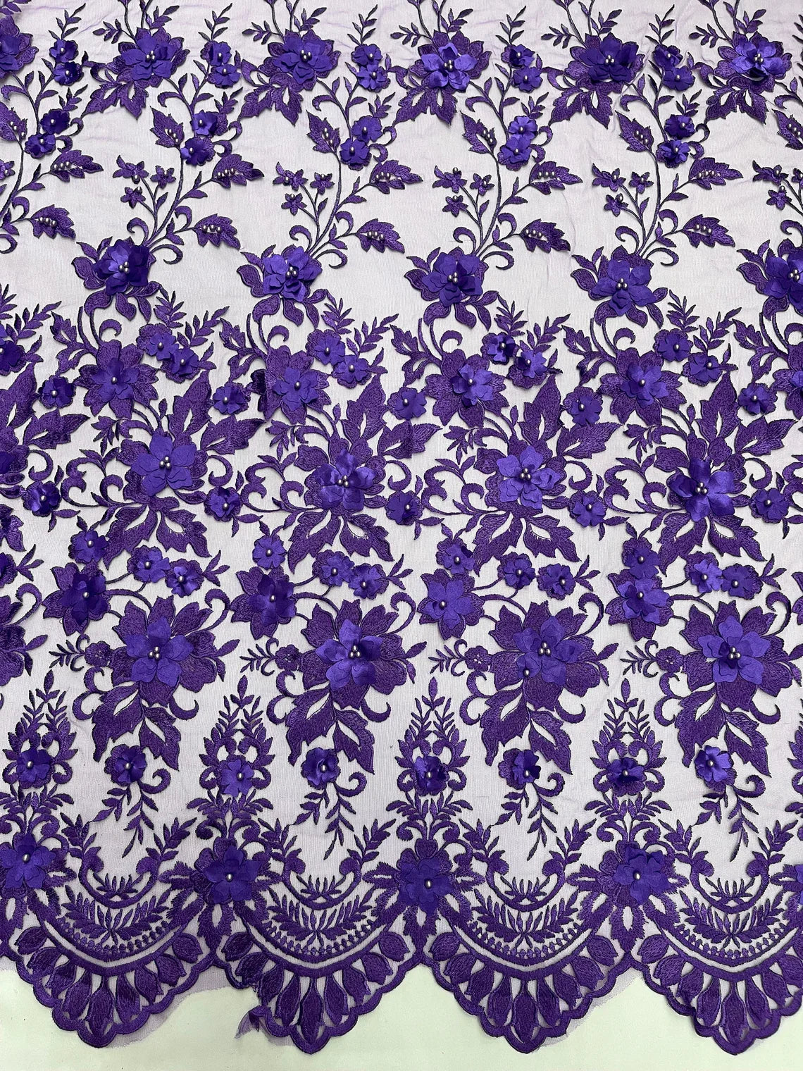 3D Scalloped Border Fabric - Purple - 3D Flowers Embroidered on Lace Sold By Yard