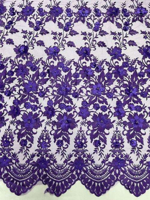 3D Scalloped Border Fabric - Purple - 3D Flowers Embroidered on Lace Sold By Yard