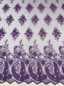 Metallic Corded Lace - Purple - Paisley Floral Fabric with Metallic Thread on a Mesh Lace By Yard