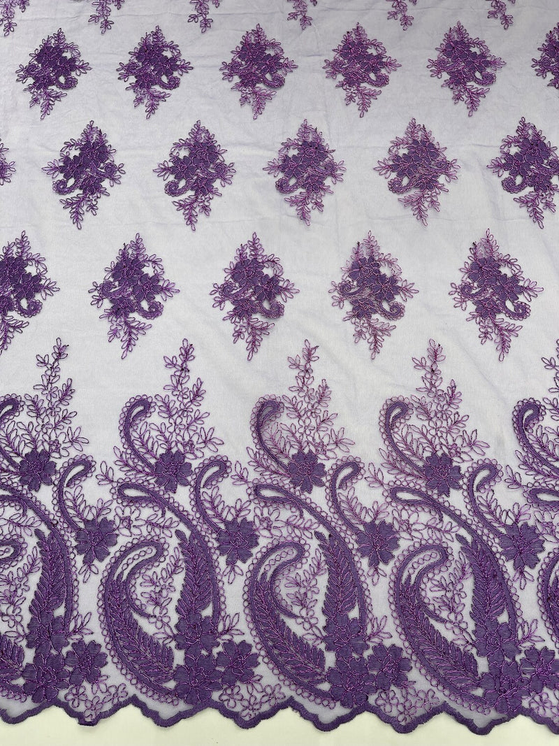 Metallic Corded Lace - Purple - Paisley Floral Fabric with Metallic Thread on a Mesh Lace By Yard