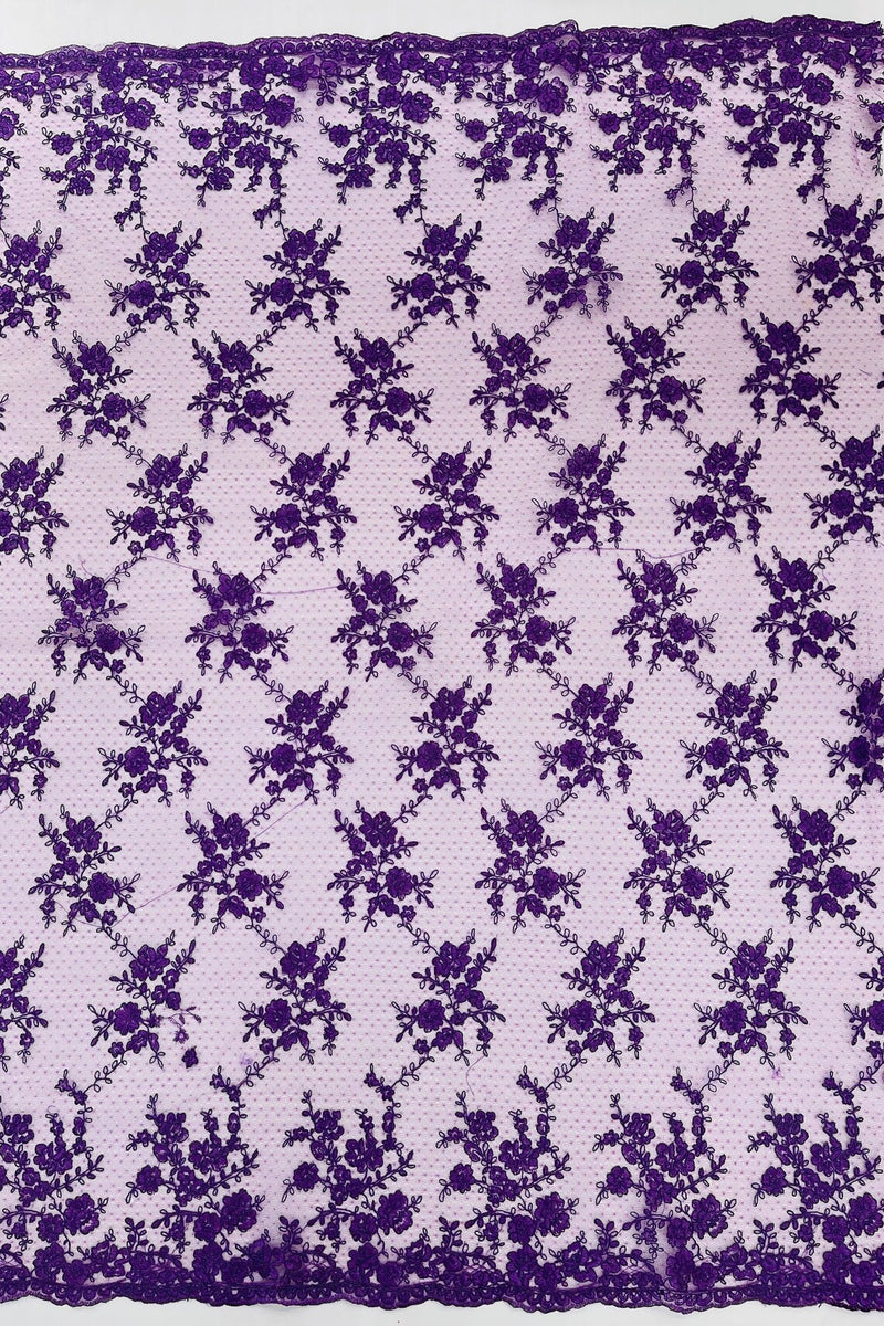 Embroidered Corded Lace Fabric - Purple - Cluster Fancy Flower Embroidered Lace Fabric By Yard