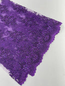 Floral Pearl Bead Fabric - Purple - Flower Design with Beads and Sequins Fabric Sold By Yard