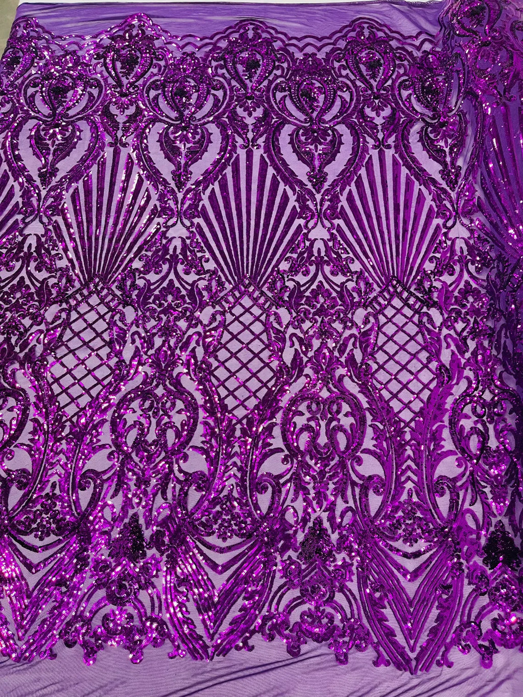 Damask Geometric Sequins - Purple - 4 Way Stretch Sequins Damask Pattern Design Sold By Yard