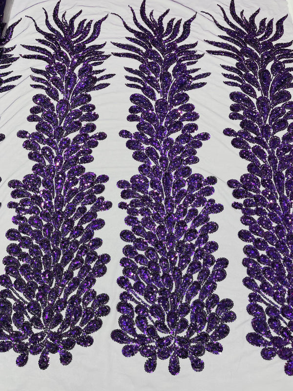 3D Beaded Peacock Feathers - Purple - Sequins Embroidered Beaded Vegas Design On a Mesh Lace Fabric (Choose The Panels)