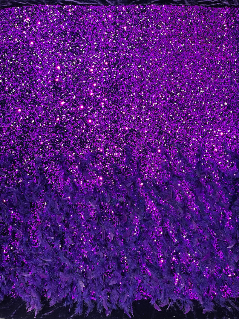 Feather Sequin Velvet Fabric - Purple - 5mm Sequins Velvet 2 Way Stretch 58/60" Fabric By Yard