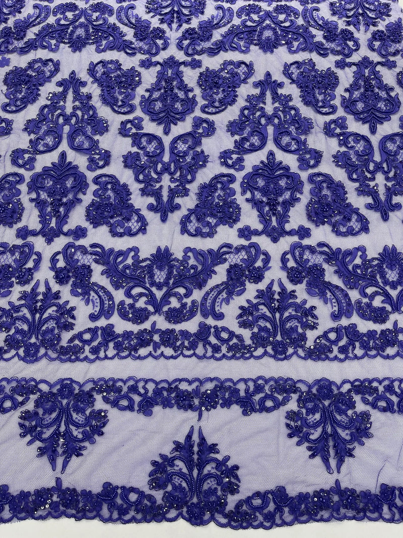 Beaded My Lady Damask Design - Purple - Beaded Fancy Damask Embroidered Fabric By Yard