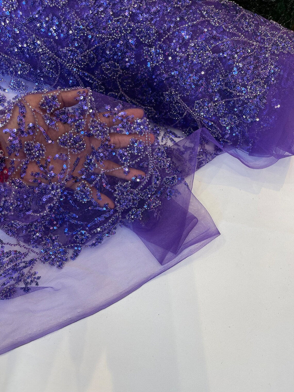 Beaded Floral Plant Design - Purple - Embroidered Beaded Flower Plants Sequins Fabric By Yard