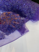 Beaded Floral Plant Design - Purple - Embroidered Beaded Flower Plants Sequins Fabric By Yard