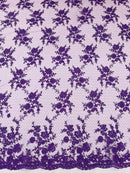 Embroidered Corded Lace Fabric - Purple - Cluster Fancy Flower Embroidered Lace Fabric By Yard
