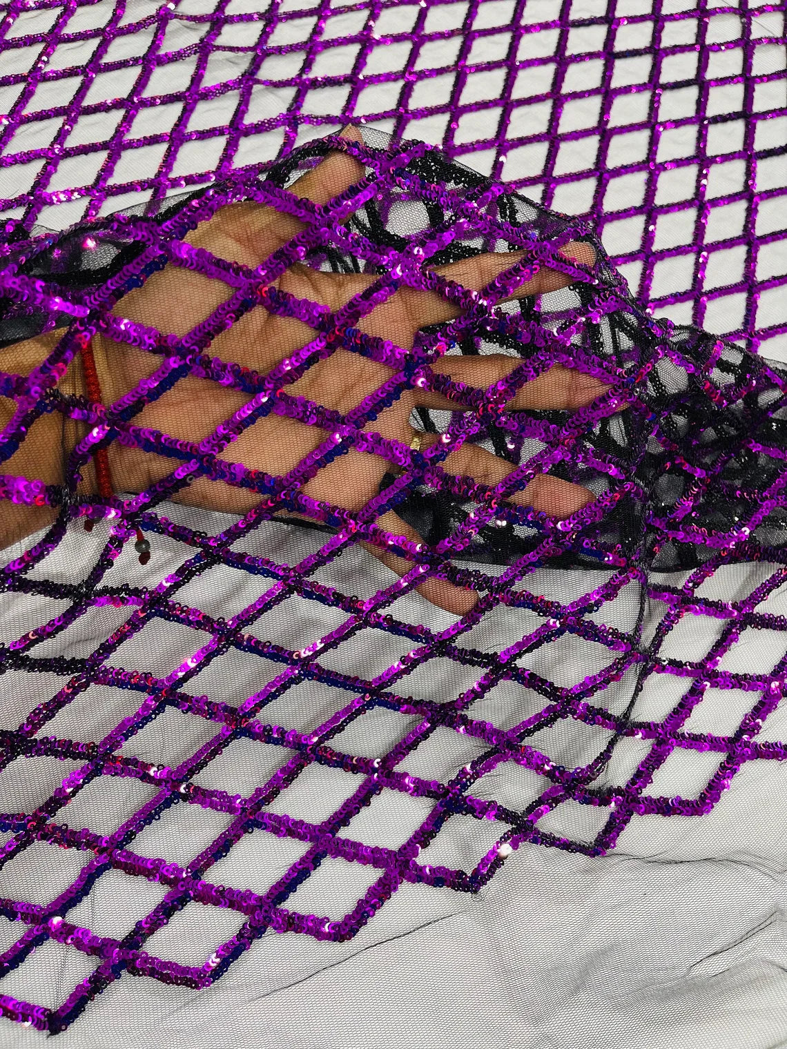 Diamond Sequins Fabric - Purple - Diamond Geometric Net Design on Mesh Lace Fabric By Yard