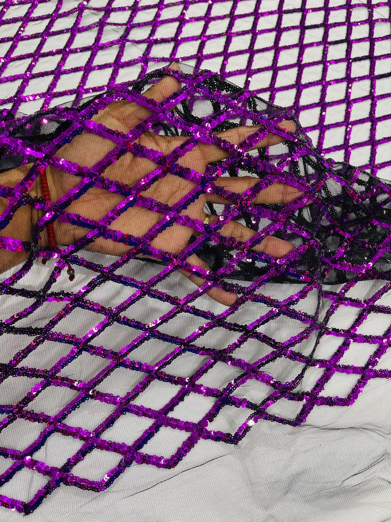Diamond Sequins Fabric - Purple - Diamond Geometric Net Design on Mesh Lace Fabric By Yard
