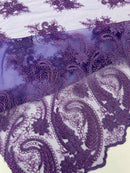 Metallic Corded Lace - Purple - Paisley Floral Fabric with Metallic Thread on a Mesh Lace By Yard
