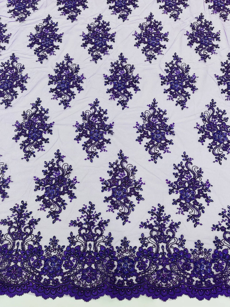 Floral Pearl Bead Fabric - Purple - Flower Design with Beads and Sequins Fabric Sold By Yard