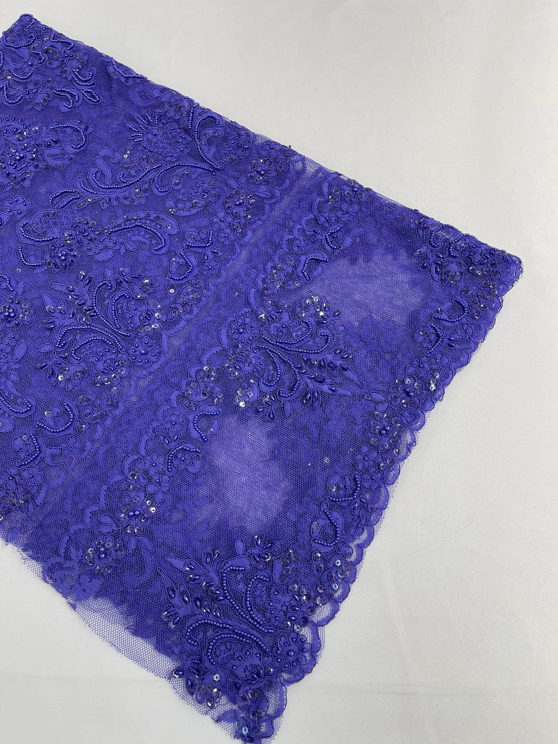 Beaded My Lady Damask Design - Purple - Beaded Fancy Damask Embroidered Fabric By Yard