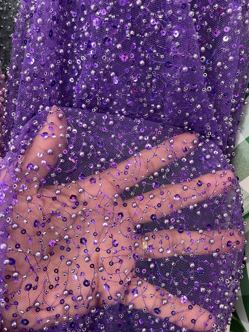 3D Beaded Mesh Fabric - Purple - Embroidered Beaded Lace Mesh Fabric with Small Sequins Sold By Yard