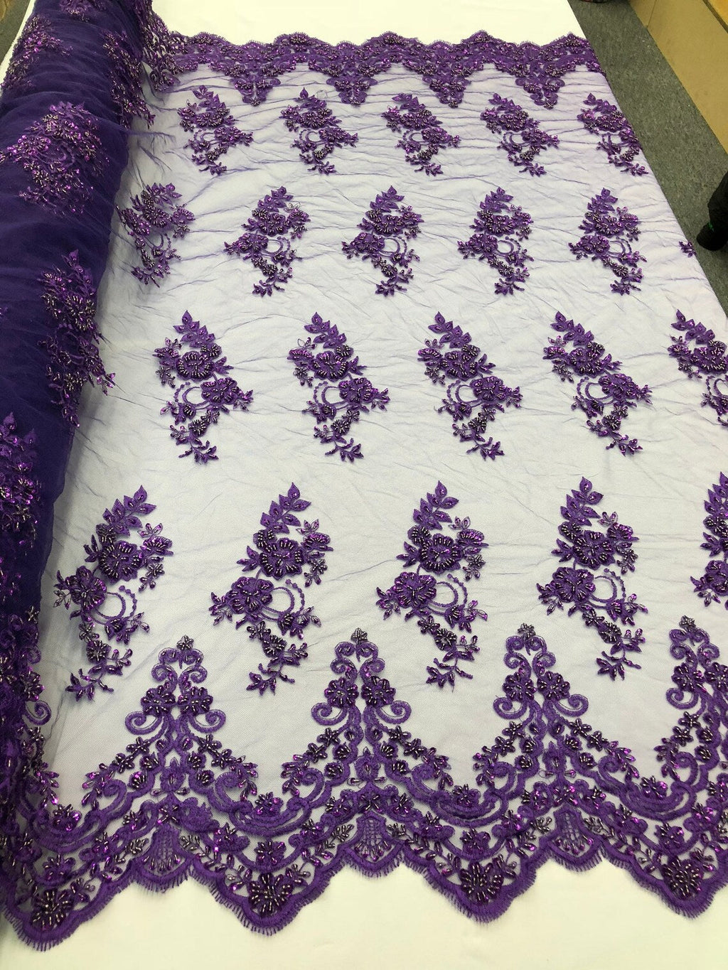 Beaded Floral Fabric - Purple - Embroidered Flower Cluster Beaded Fabric Sold By Yard