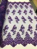 Beaded Floral Fabric - Purple - Embroidered Flower Cluster Beaded Fabric Sold By Yard