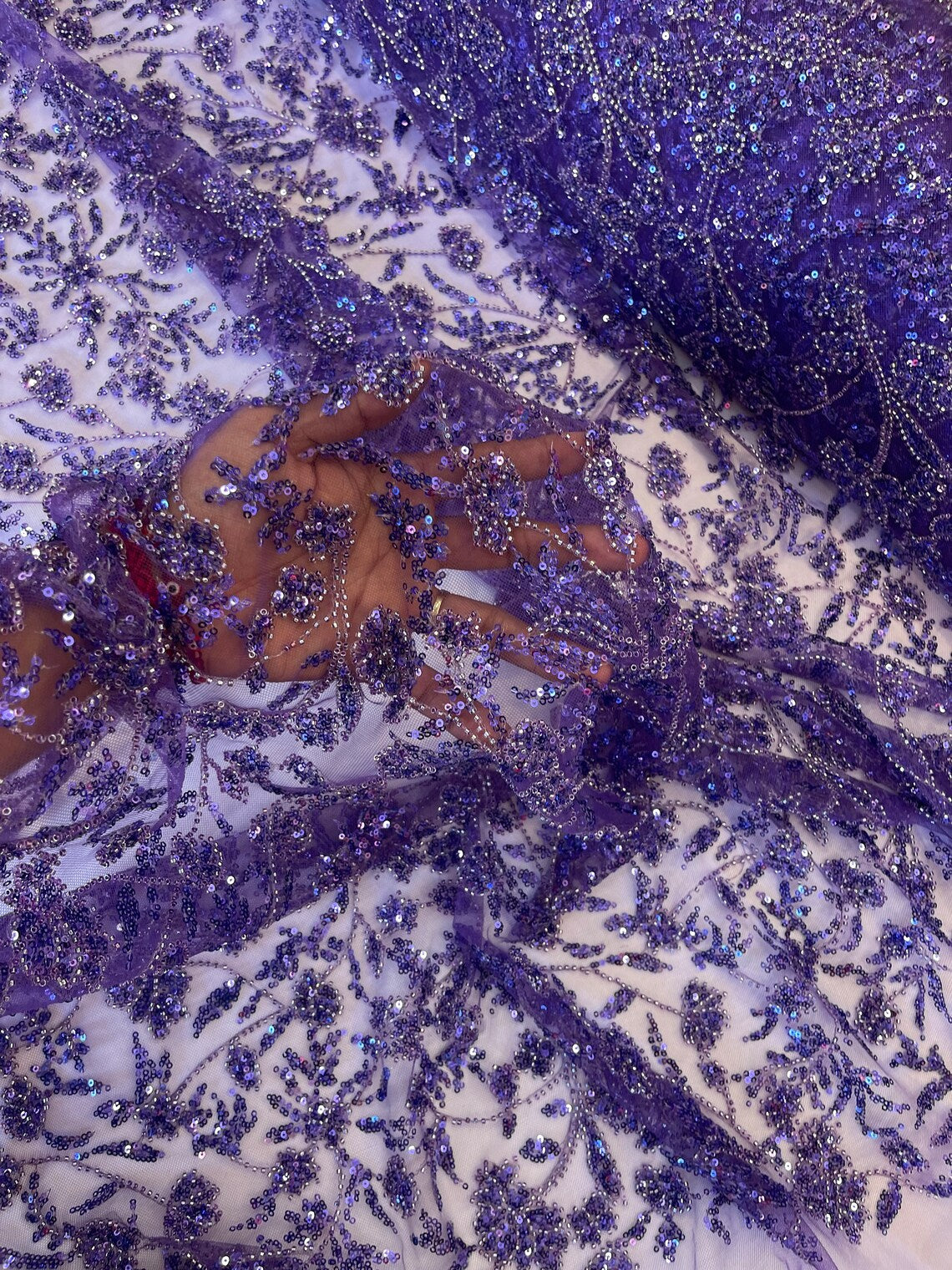 Beaded Floral Plant Design - Purple - Embroidered Beaded Flower Plants Sequins Fabric By Yard