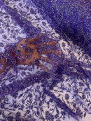 Beaded Floral Plant Design - Purple - Embroidered Beaded Flower Plants Sequins Fabric By Yard