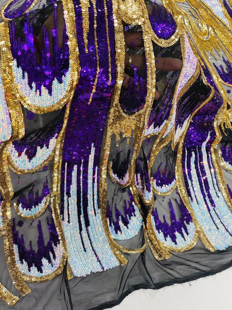 Multi-Color Sequins Design - Purple / Aqua / Gold - 4 Way Stretch Sequins Fabric By The Yard