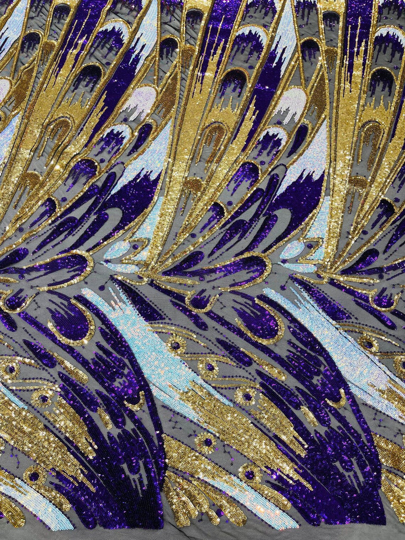 Multi-Color Sequins Design - Purple / Aqua / Gold - 4 Way Stretch Sequins Fabric By The Yard