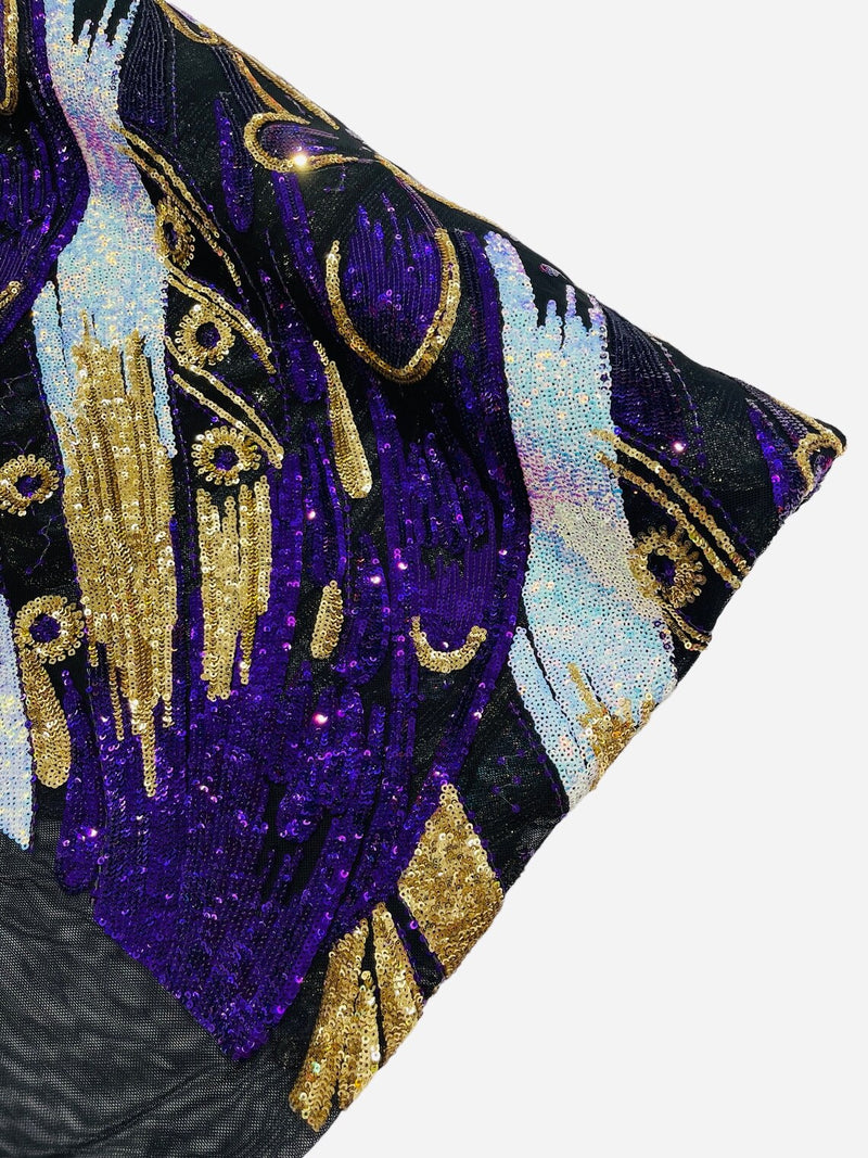 Multi-Color Sequins Design - Purple / Aqua / Gold - 4 Way Stretch Sequins Fabric By The Yard