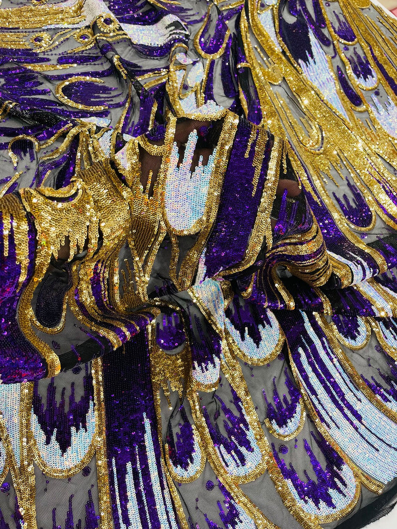 Multi-Color Sequins Design - Purple / Aqua / Gold - 4 Way Stretch Sequins Fabric By The Yard