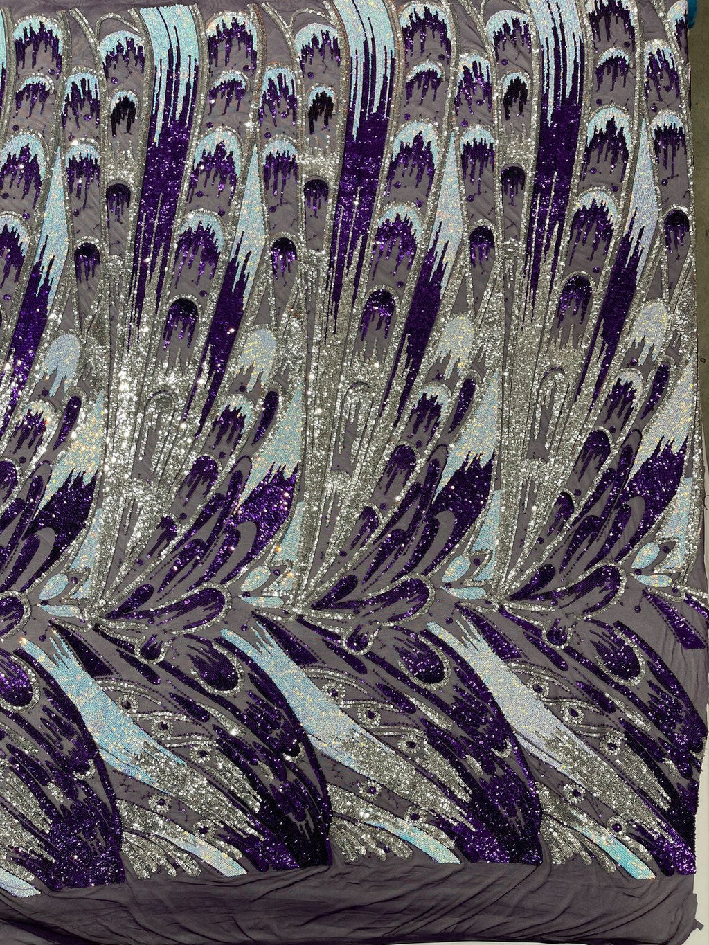 Multi-Color Sequins Design - Purple / Aqua / Silver - 4 Way Stretch Sequins Fabric By The Yard
